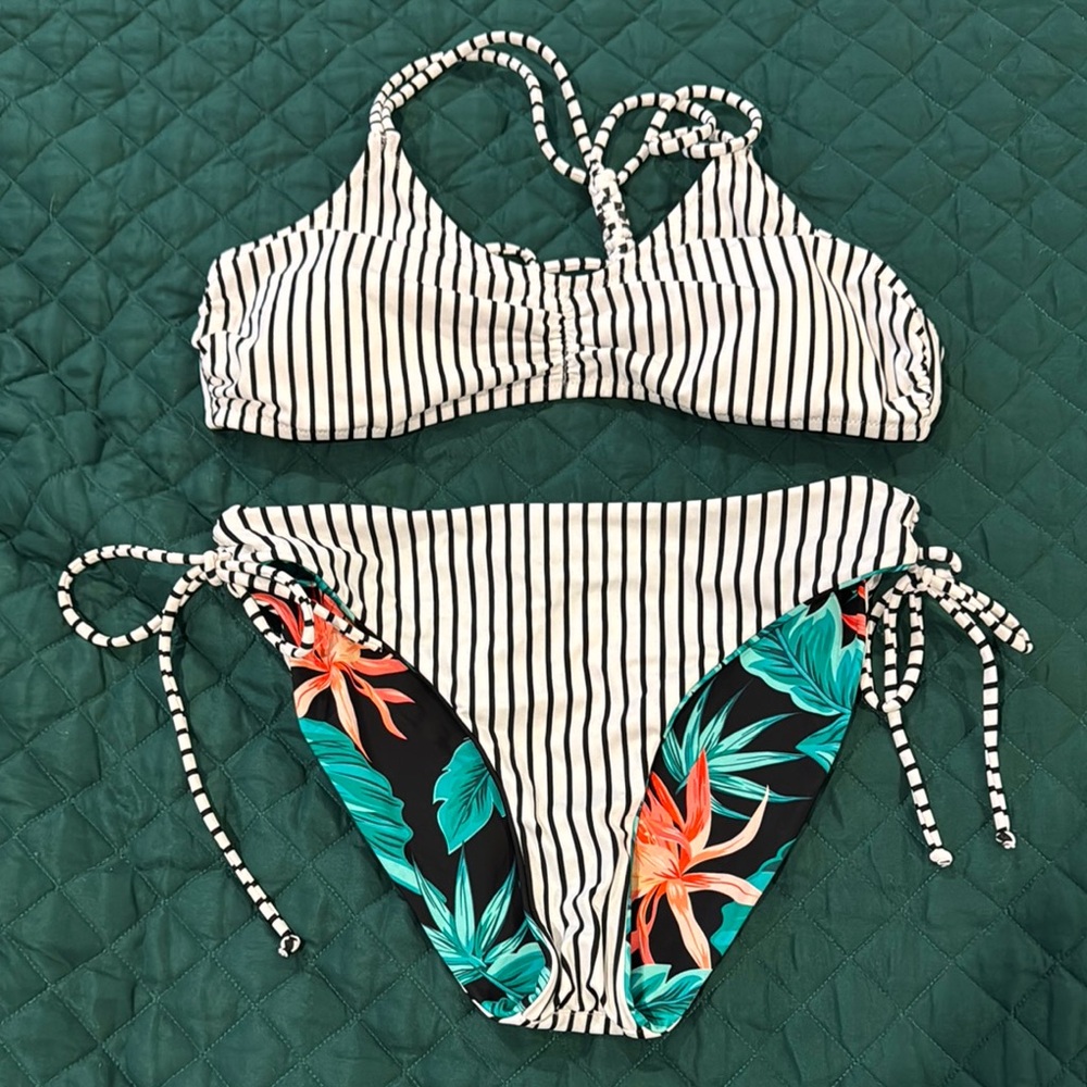 Striped Bikini with Tropical Floral Design